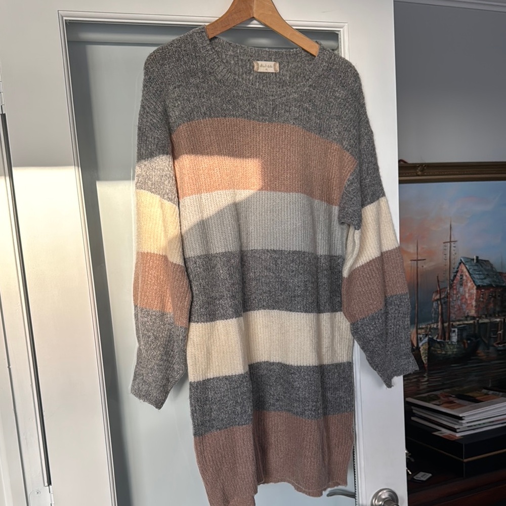 Altar'd State Gray and Cream Crew Neck Dress with Modern Color Blocking
